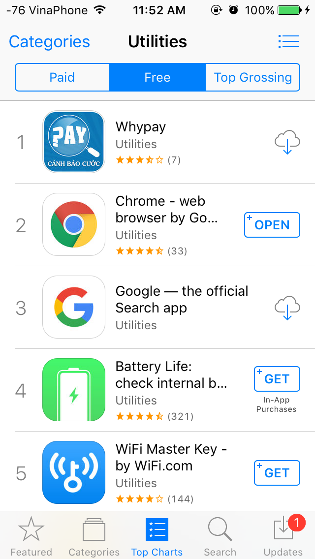Whypay lọt top 1 tiện ích trên AppStore